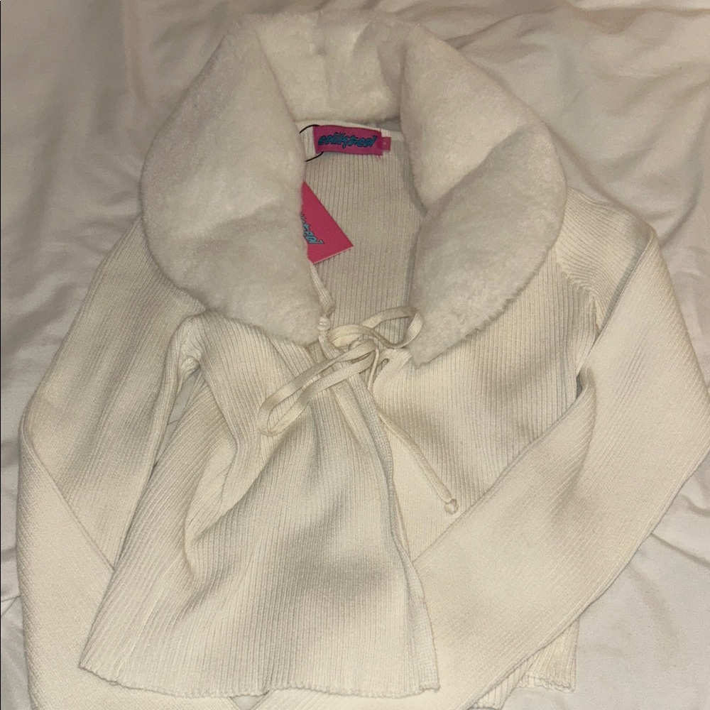 Edikted Cream Cardigan with Faux Fur Collar
